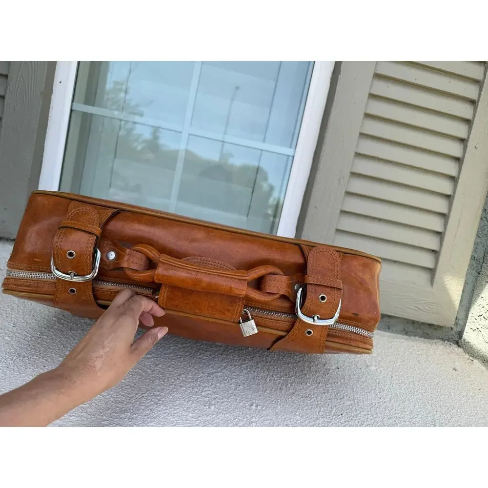 vintage 1970s tan faux-leather carry on suitcase luggage 70s jet set masculine